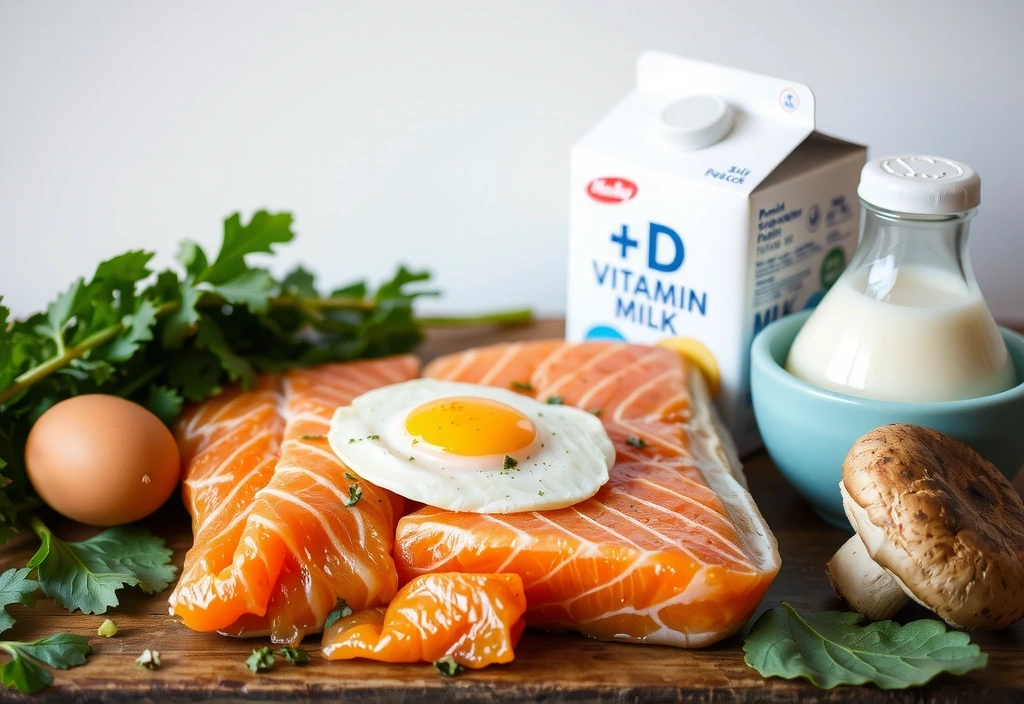 Variedad de alimentos ricos en Vitamina D, incluyendo salmón, huevos y leche fortificada