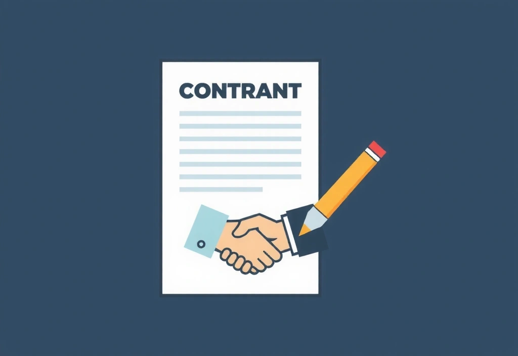 Ilustración de un contrato o documento legal con un apretón de manos simbolizando confianza.