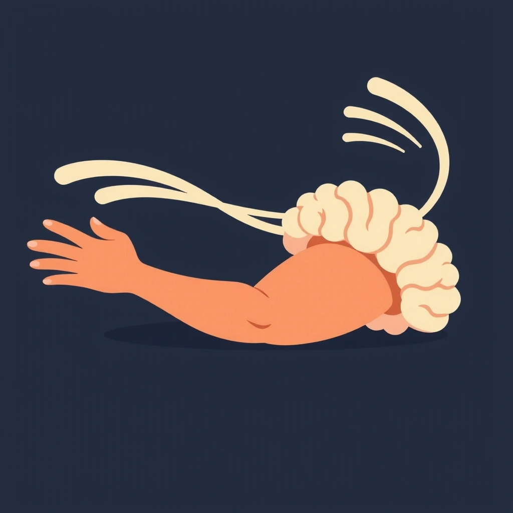 Ilustración abstracta de fibras musculares relajadas y un cerebro en calma, con ondas de energía que conectan ambos, simbolizando relajación y función nerviosa.