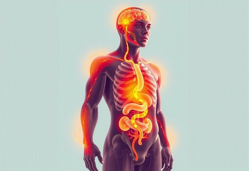Ilustración de un cuerpo humano sano y vibrante, con símbolos que representan salud y energía fluyendo por sus sistemas.