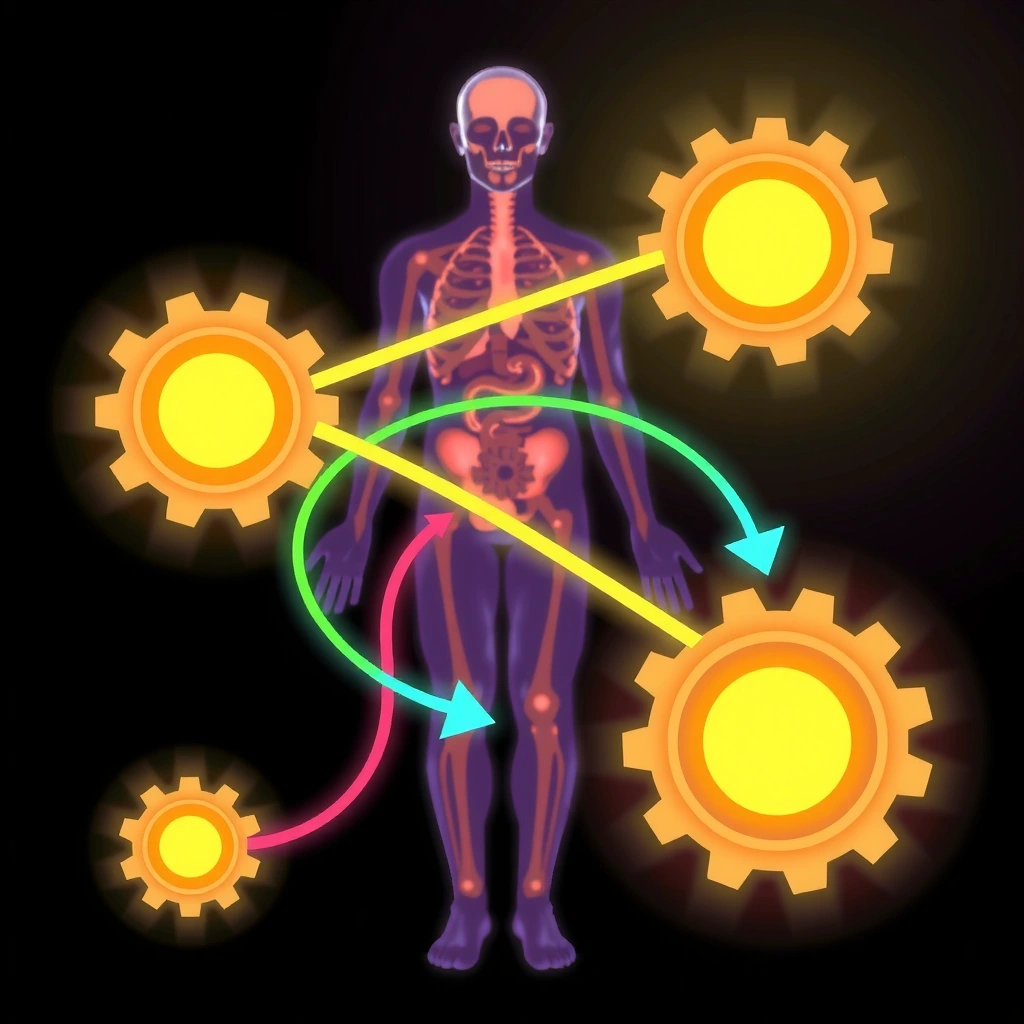 Representación visual de moléculas energéticas y vías metabólicas, con engranajes interconectados que simbolizan el metabolismo eficiente.