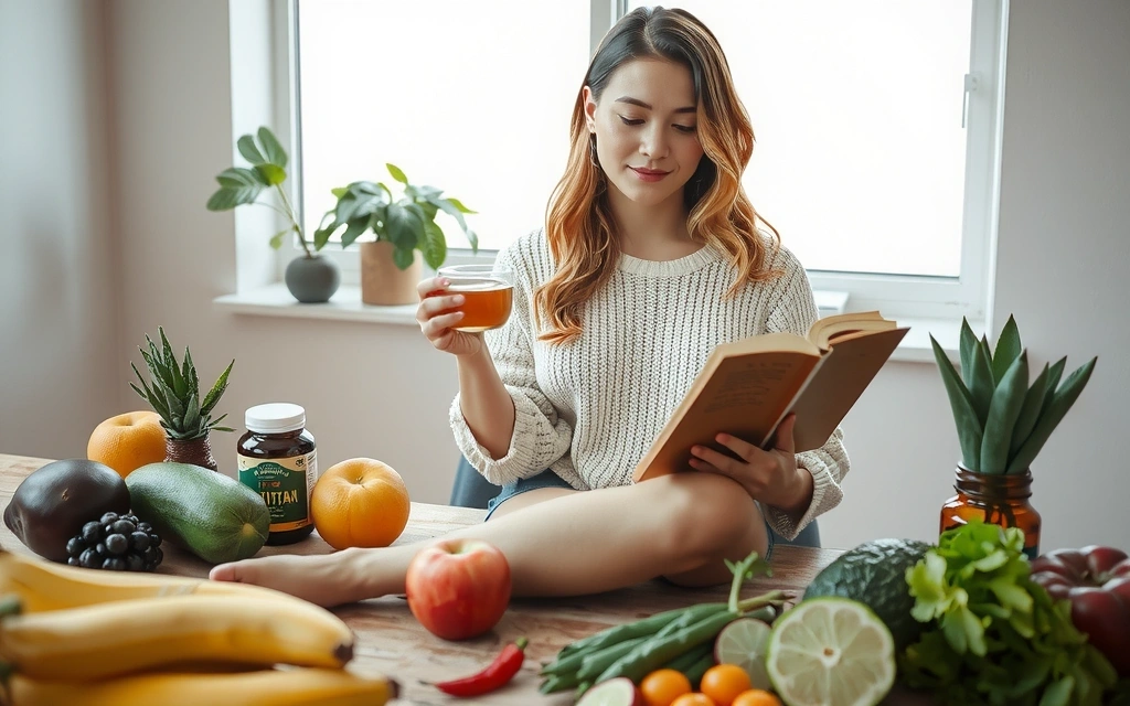 Mujer leyendo un libro sobre nutrición con una taza de té, rodeada de frutas y suplementos
