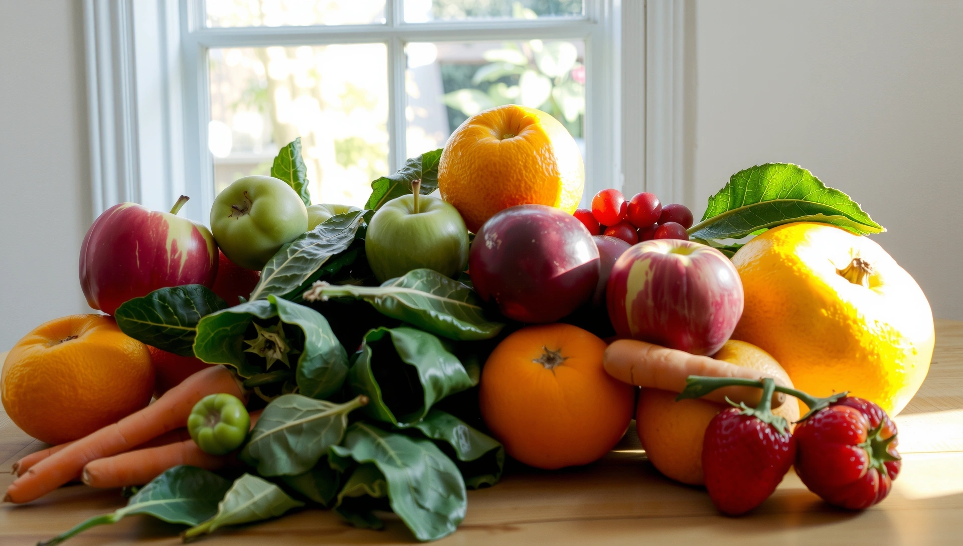 Frutas y verduras frescas dispuestas artísticamente representando la vitalidad natural