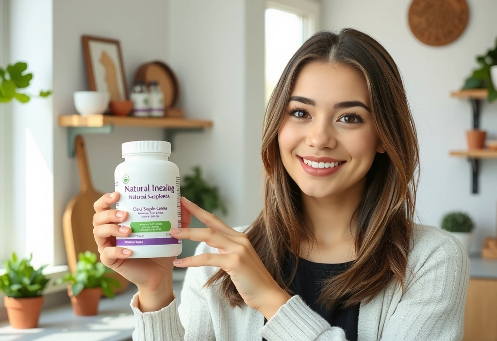 Mujer joven y sonriente mostrando un frasco de suplementos naturales, en un entorno luminoso y natural.